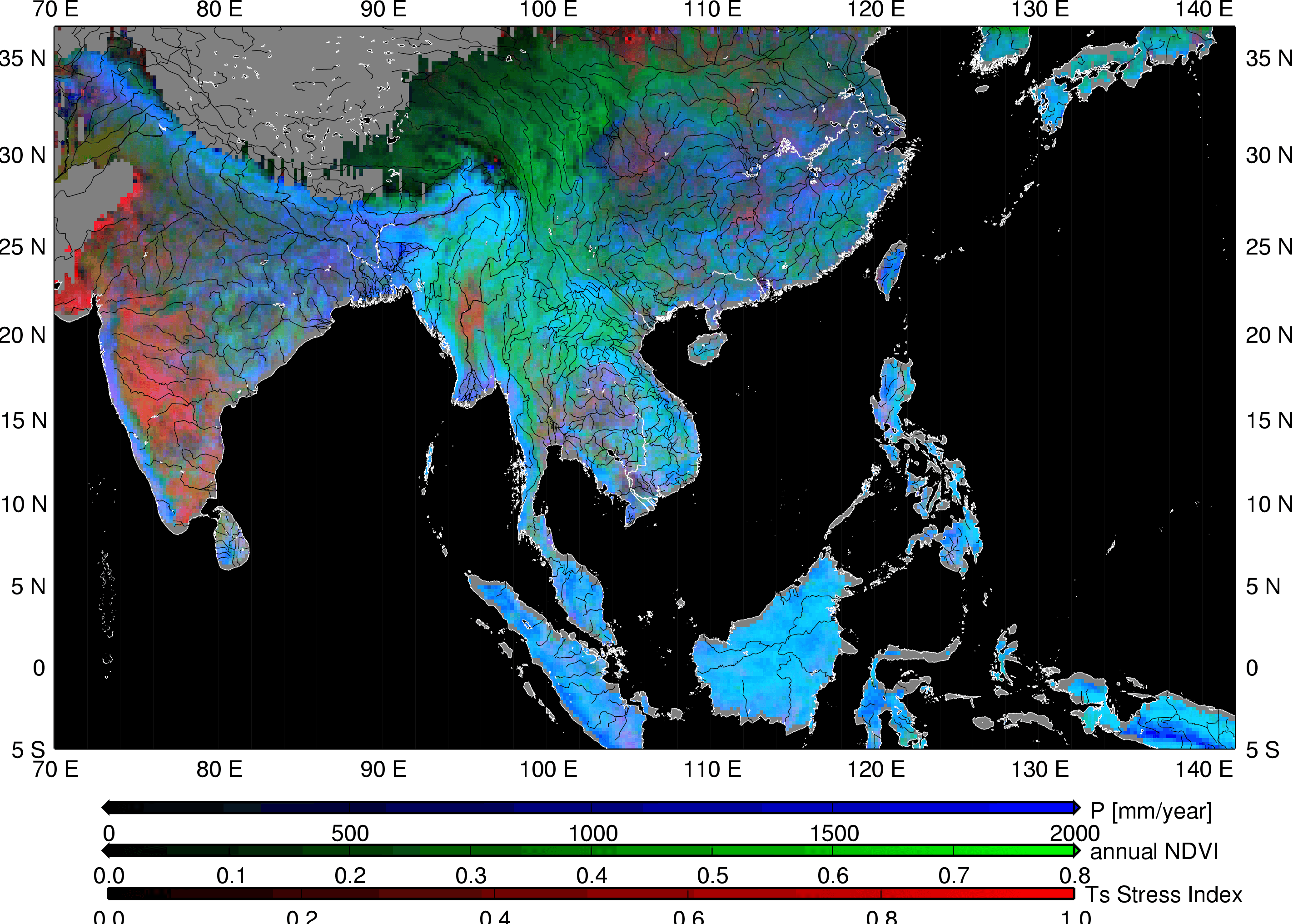 A composite map (precipitation, vegetation index and heat stress)